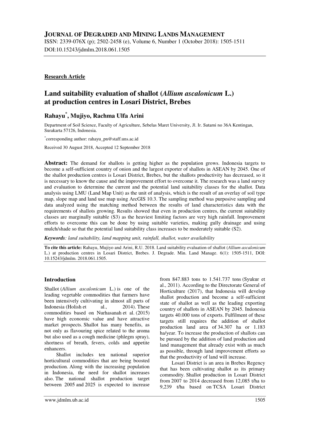 Land Suitability Evaluation of Shallot (Allium Ascalonicum L.) at Production Centres in Losari District, Brebes