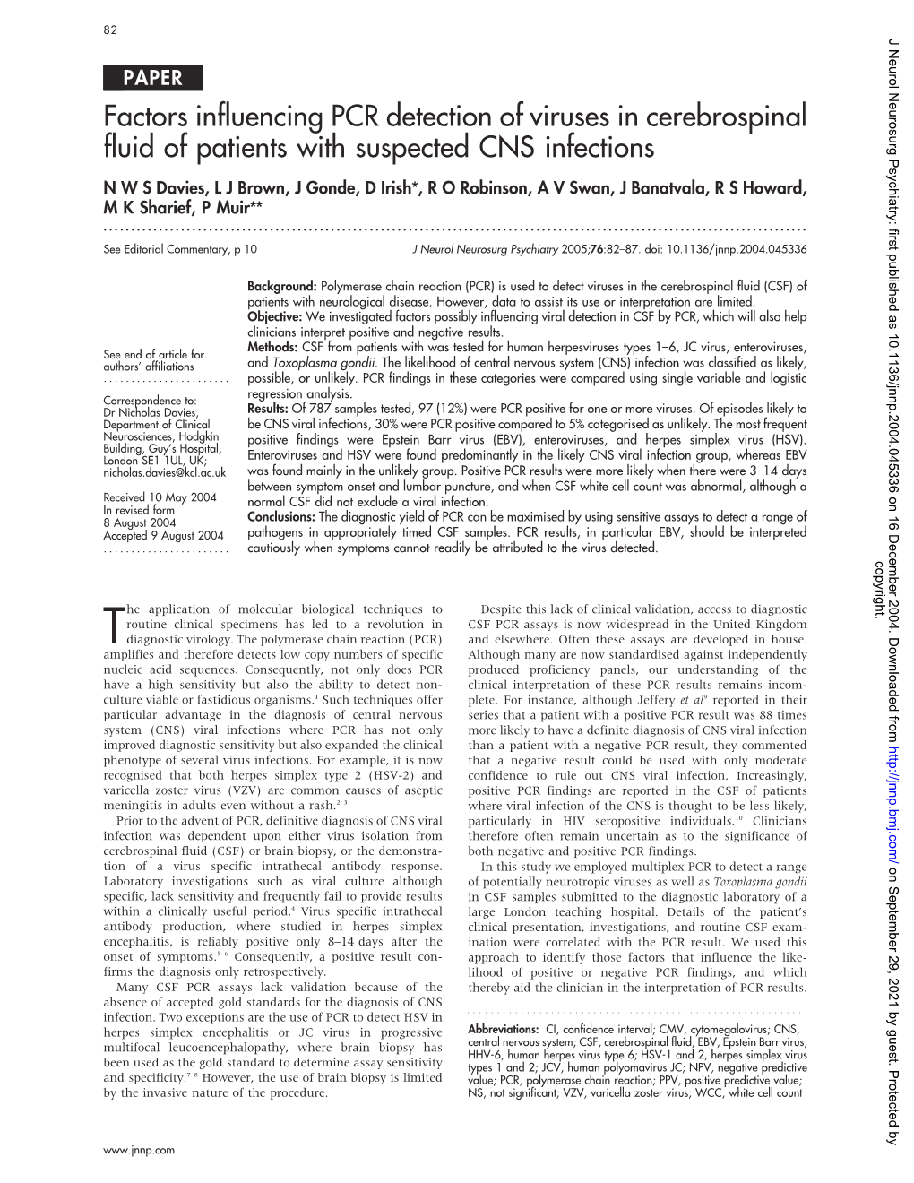 Factors Influencing PCR Detection of Viruses in Cerebrospinal Fluid Of