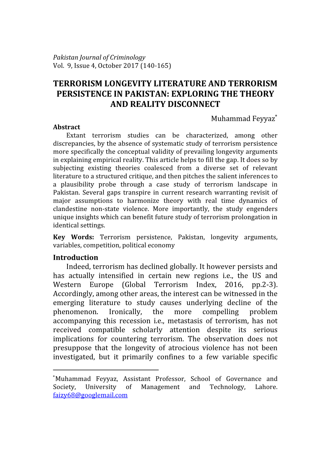 Terrorism Longevity Literature and Terrorism Persistence in Pakistan