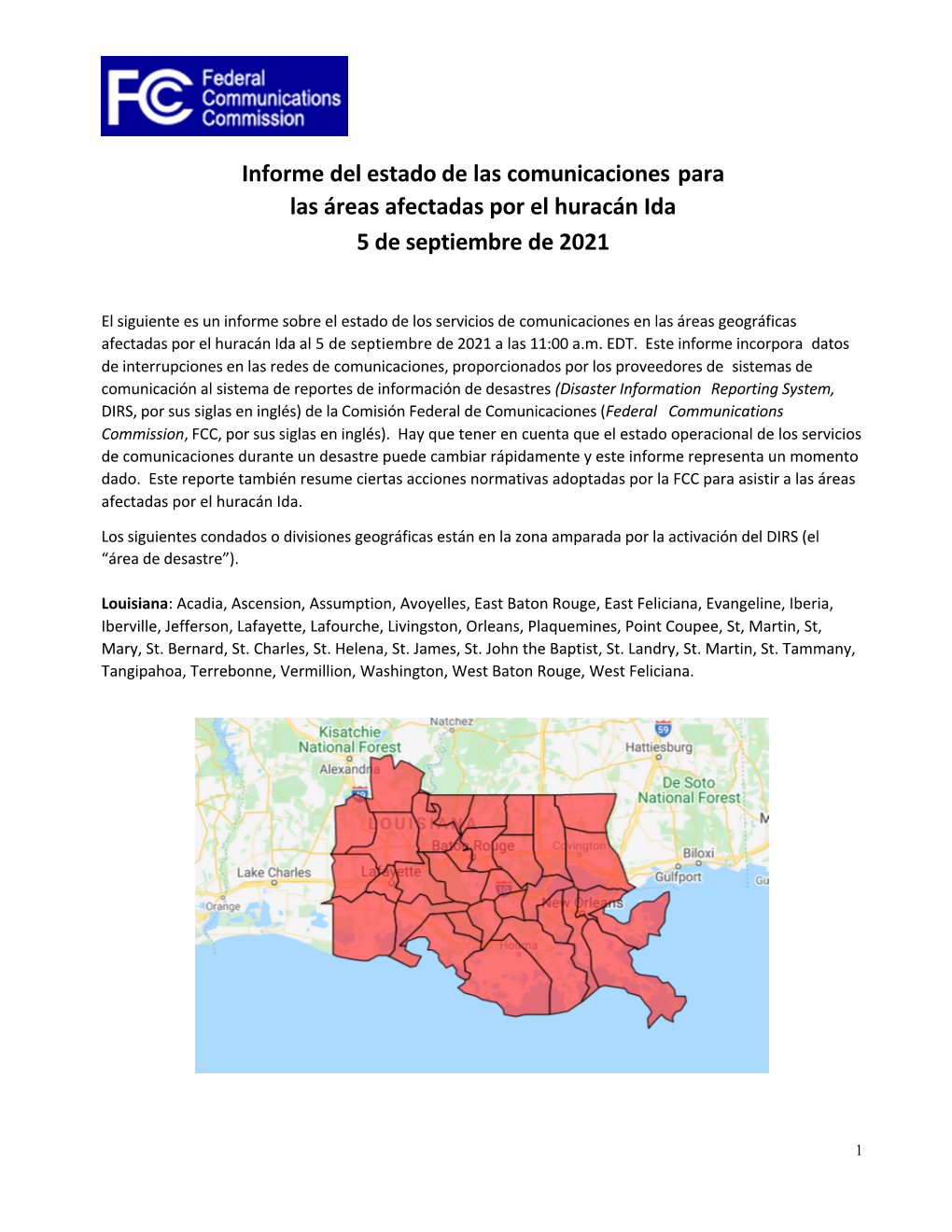 FCC Public Outage Report -Hurricane Ida -09-05-2021 Spanish