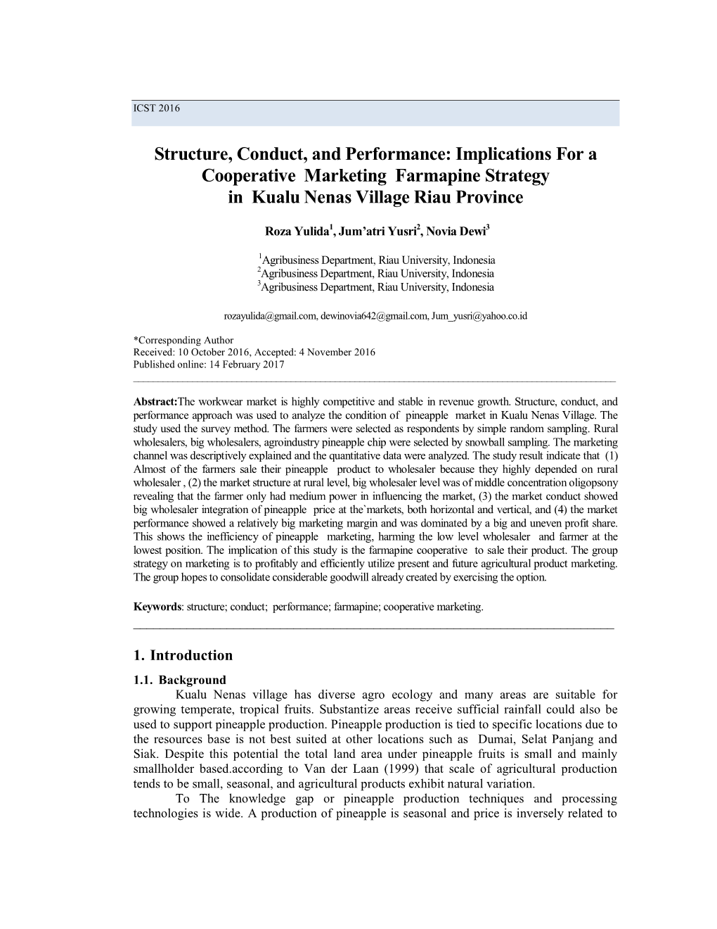 Structure, Conduct, and Performance: Implications for a Cooperative Marketing Farmapine Strategy in Kualu Nenas Village Riau Province