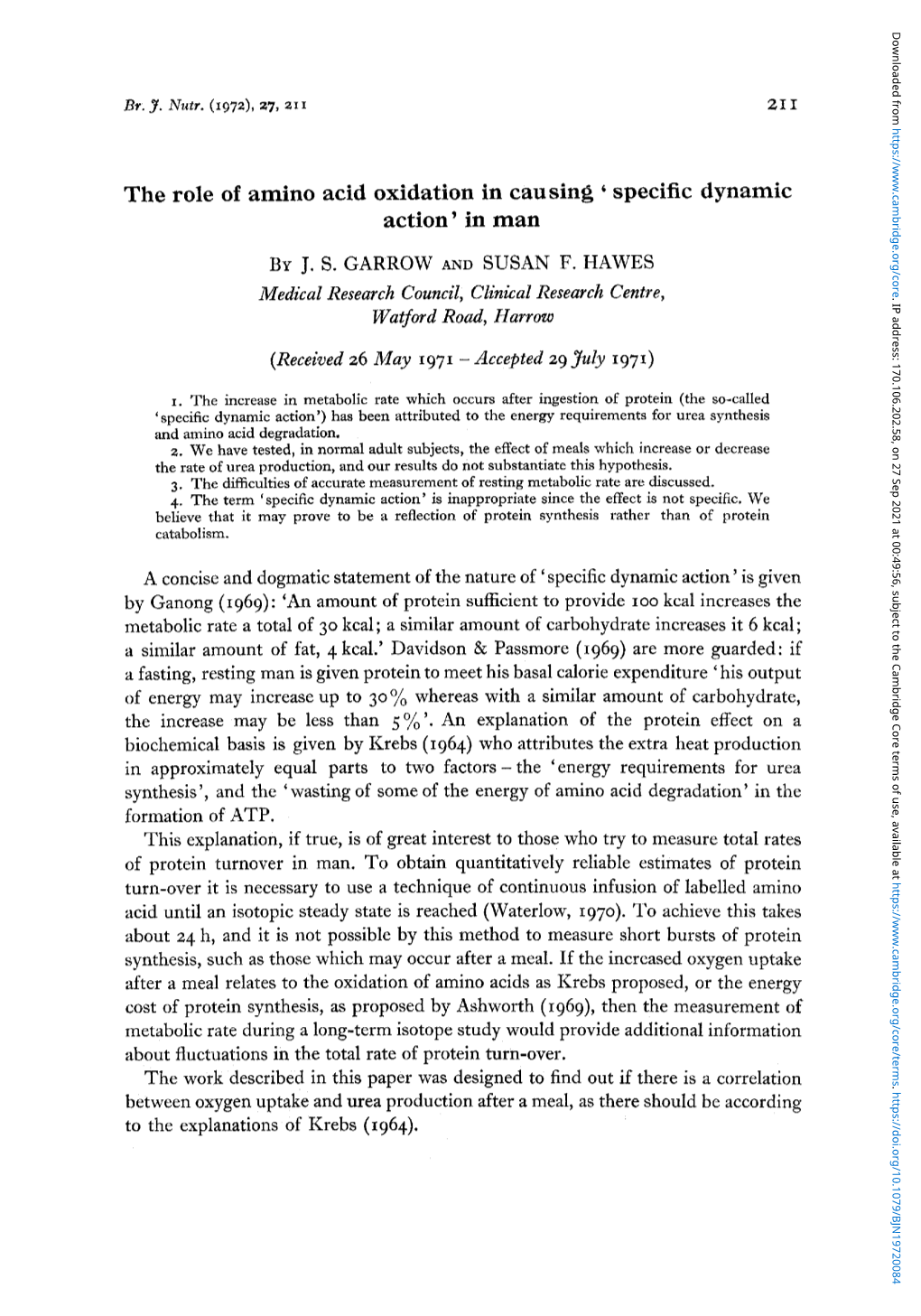 The Role of Amino Acid Oxidation in Causing 'Specific Dynamic Action' In