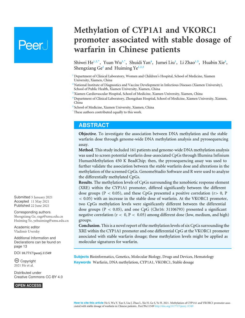 Methylation of CYP1A1 and VKORC1 Promoter Associated with Stable Dosage of Warfarin in Chinese Patients