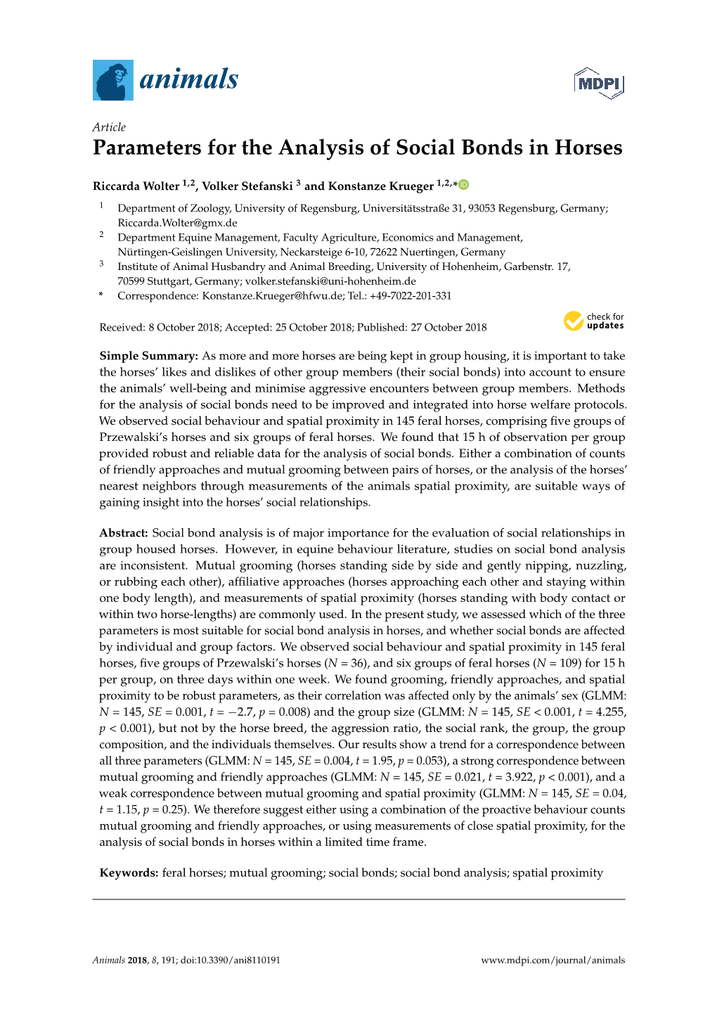 Parameters for the Analysis of Social Bonds in Horses