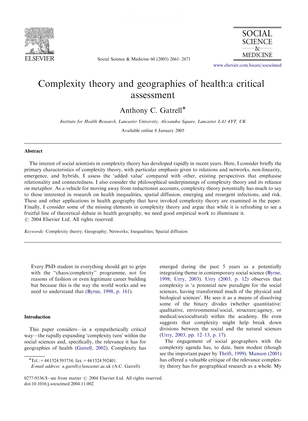 Complexity Theory and Geographies of Health: a Critical Assessment