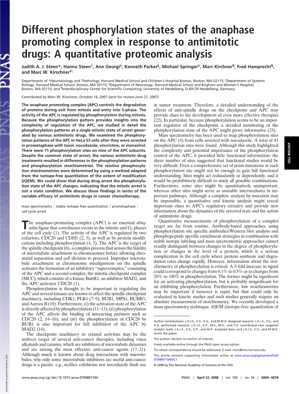 Different Phosphorylation States of the Anaphase Promoting Complex in Response to Antimitotic Drugs: a Quantitative Proteomic Analysis
