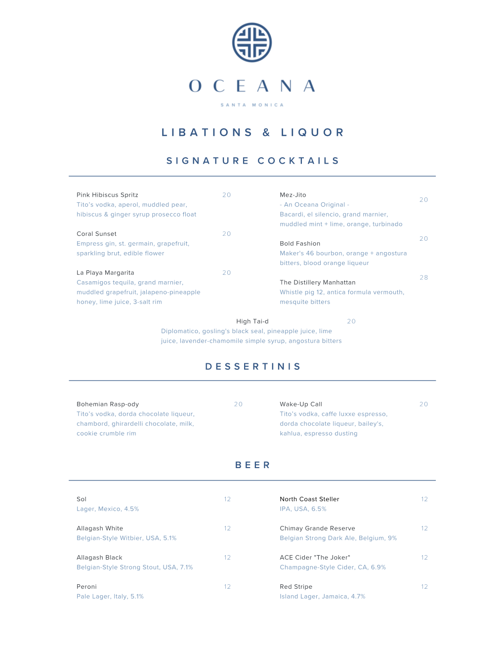 Oceana Beverage Menu 2021