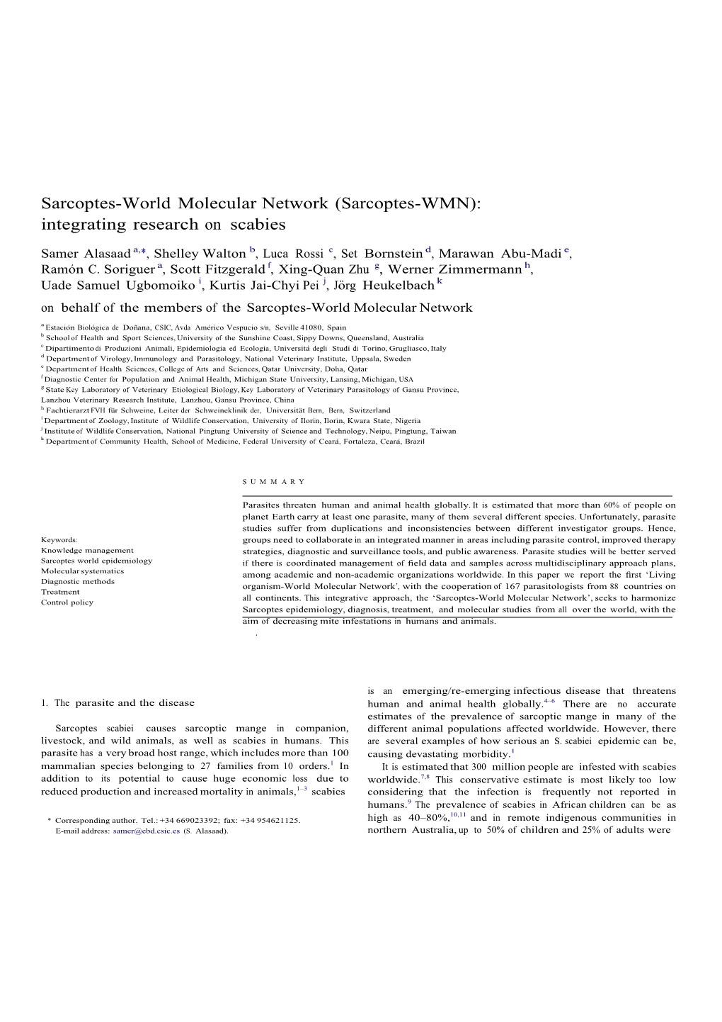 Sarcoptes-World Molecular Network (Sarcoptes-WMN): Integrating Research on Scabies
