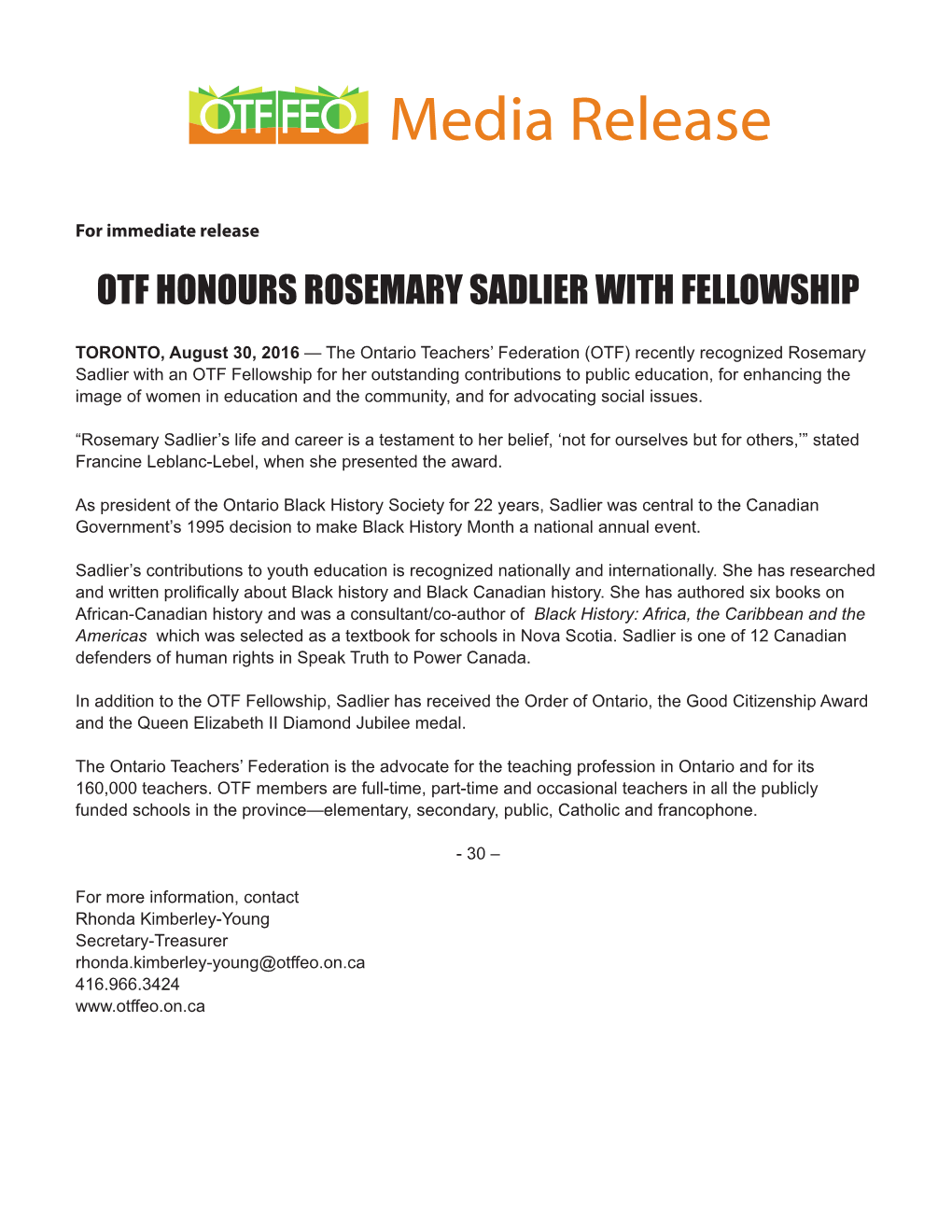 Otf Honours Rosemary Sadlier with Fellowship