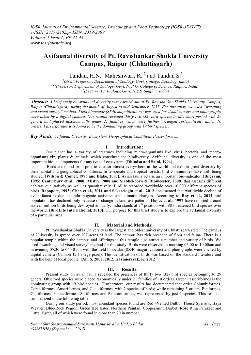 Avifaunal Diversity of Pt. Ravishankar Shukla University Campus, Raipur (Chhattisgarh)