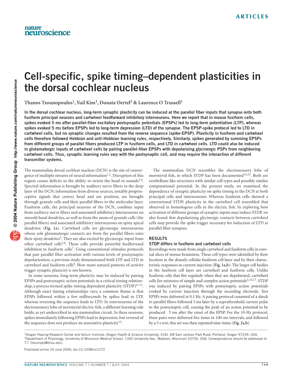 Cell-Specific, Spike Timing–Dependent Plasticities in the Dorsal Cochlear Nucleus