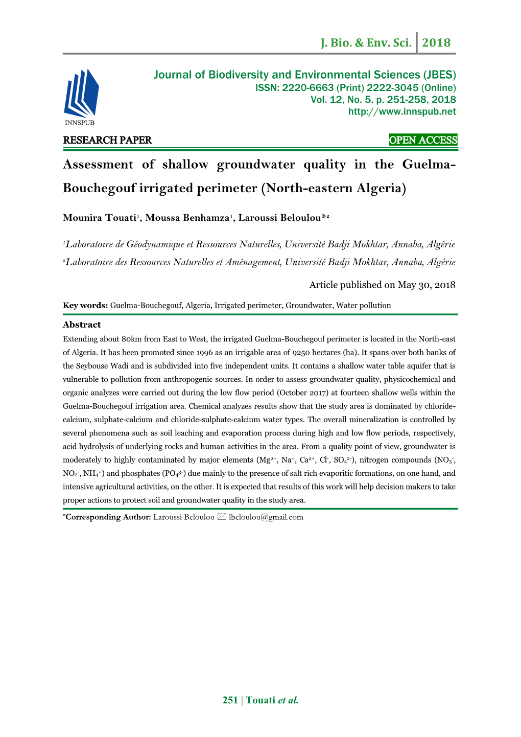 Assessment of Shallow Groundwater Quality in the Guelma- Bouchegouf Irrigated Perimeter (North-Eastern Algeria)