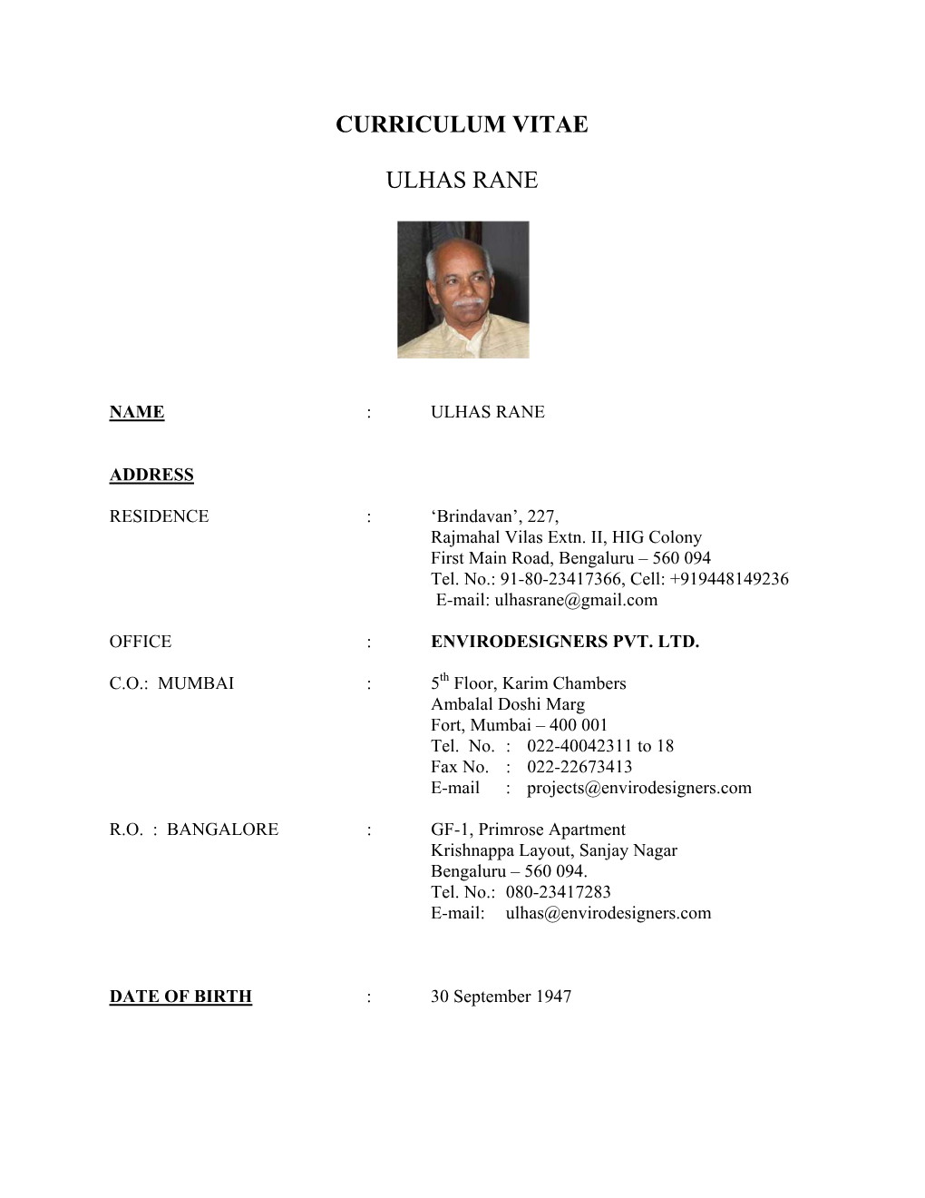 Curriculum Vitae Ulhas Rane