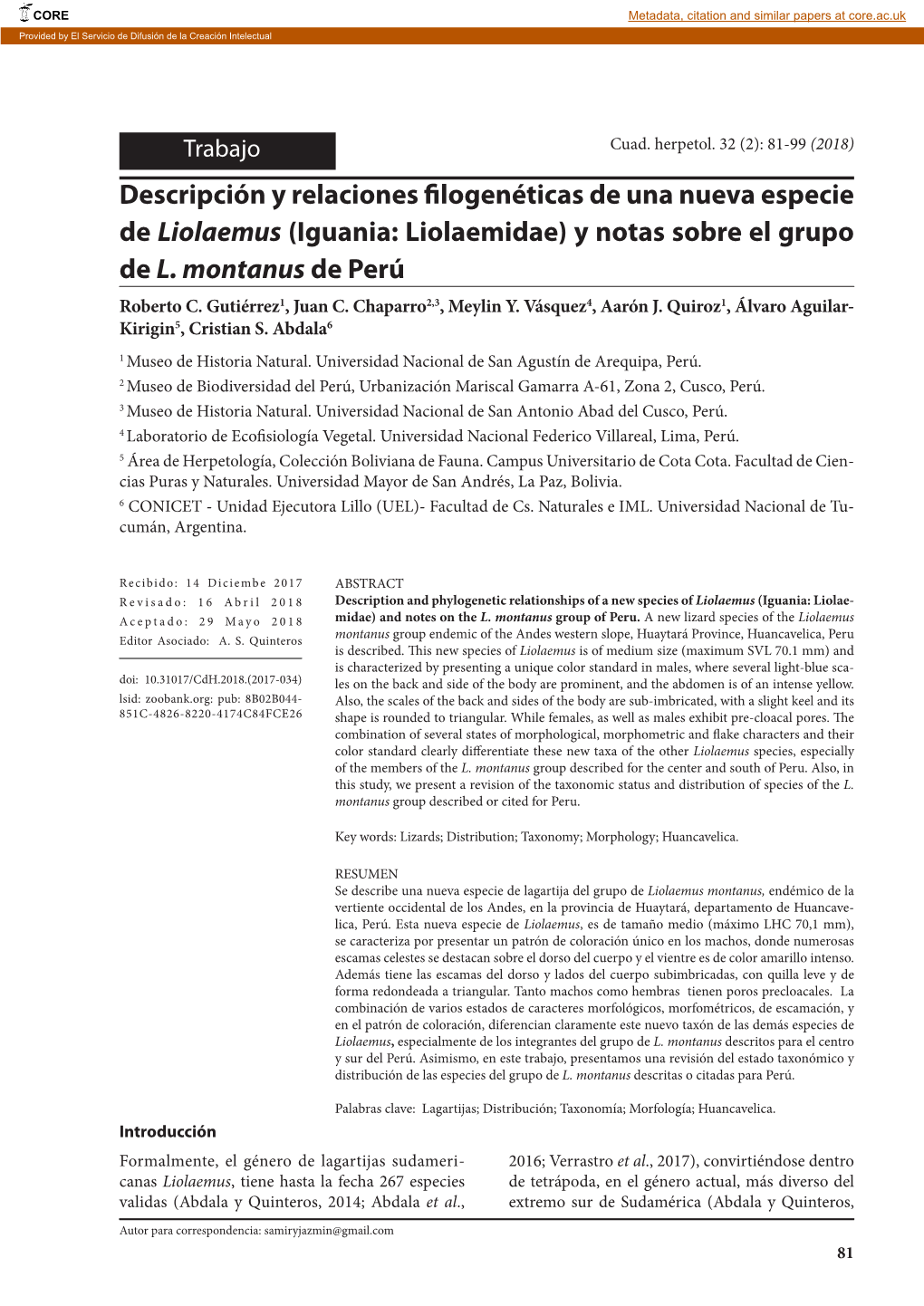 Iguania: Liolaemidae) Y Notas Sobre El Grupo De L