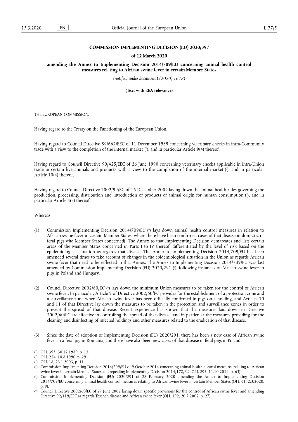 2020/397 of 12 March 2020 Amending the Annex to Implementing Decision 2014/709/EU Concerni