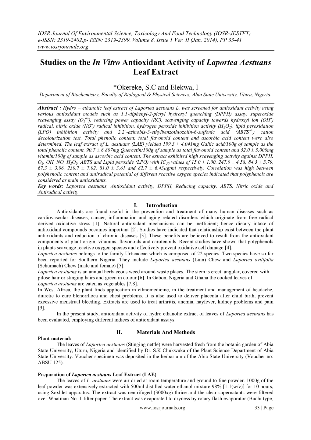 Studies on the in Vitro Antioxidant Activity of Laportea Aestuans Leaf Extract