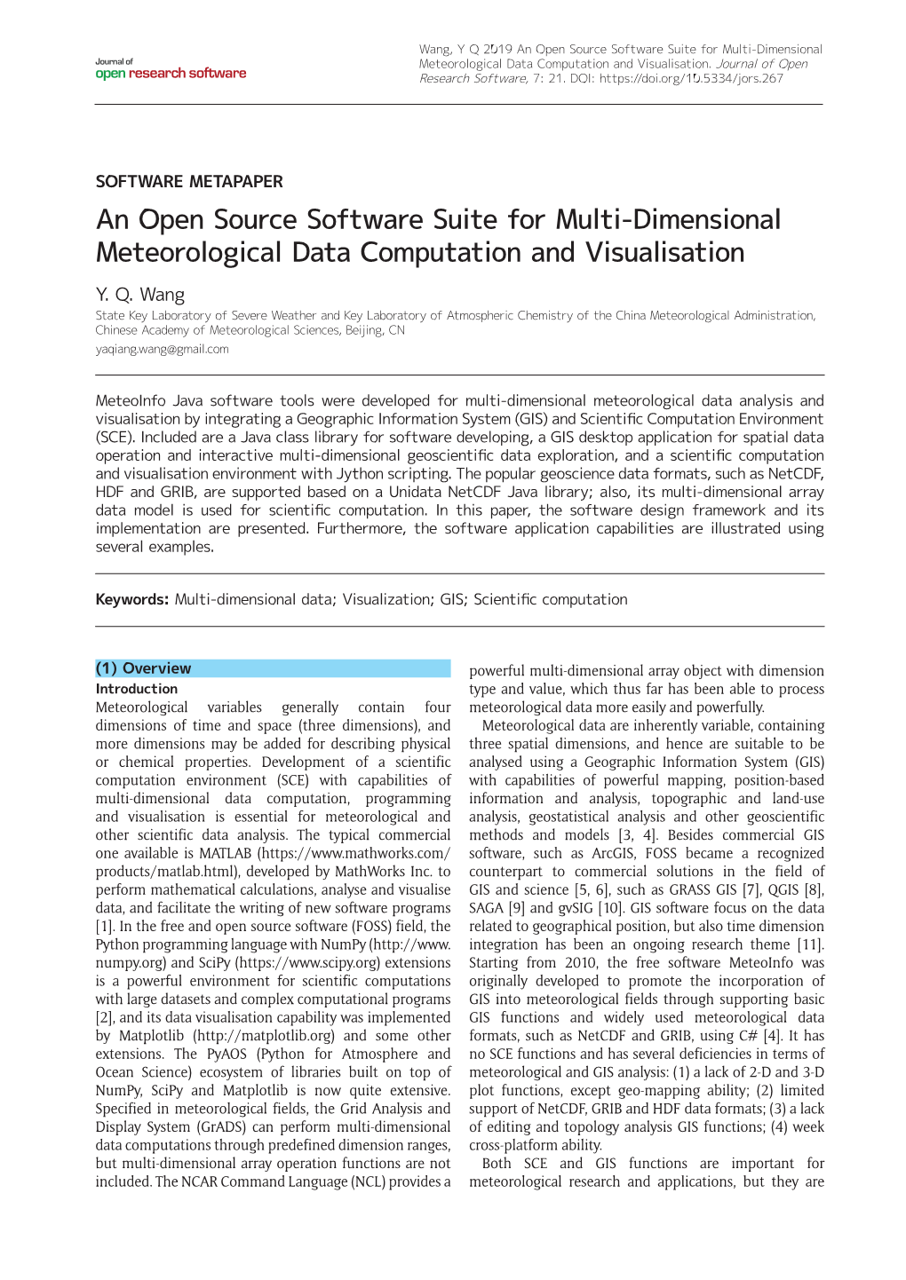 An Open Source Software Suite for Multi-Dimensional Meteorological Data Computation and Visualisation Y