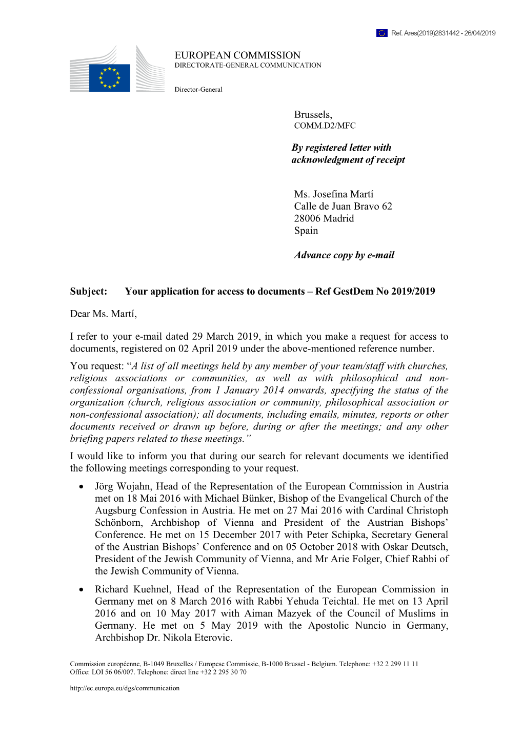 EUROPEAN COMMISSION Brussels, by Registered Letter With