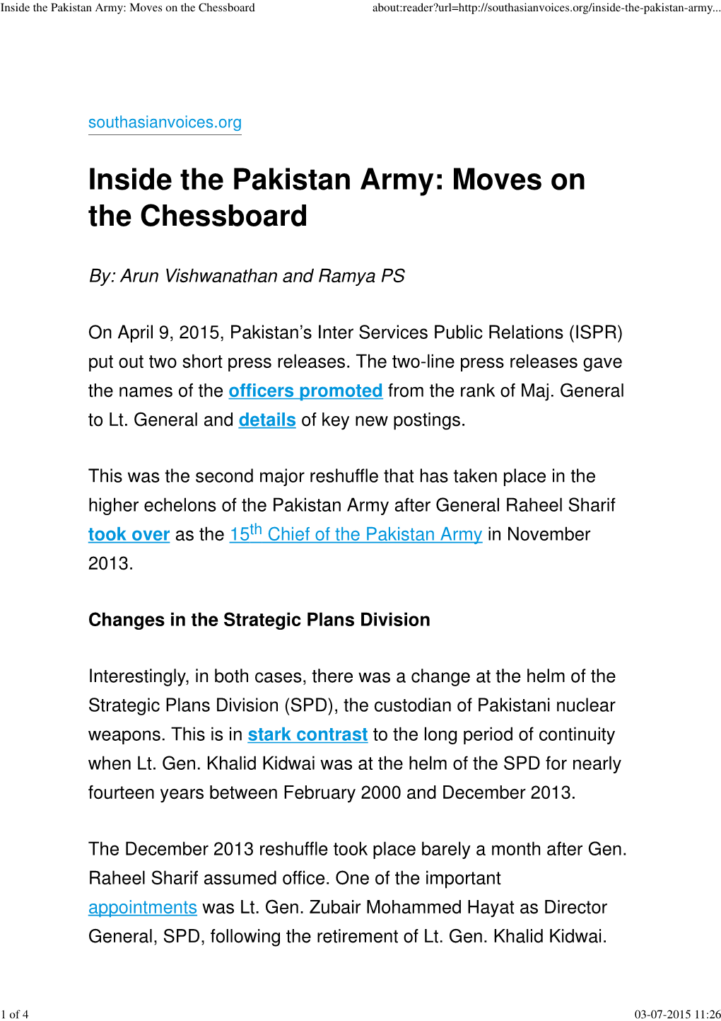 Inside the Pakistan Army: Moves on the Chessboard About:Reader?Url=