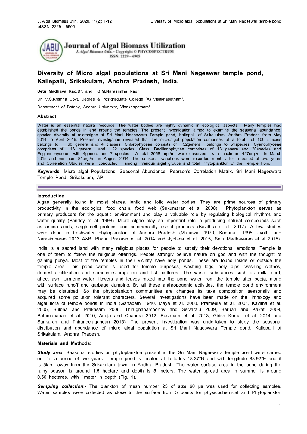 Diversity of Micro Algal Populations at Sri Mani Nageswar Temple Pond Eissn: 2229 – 6905