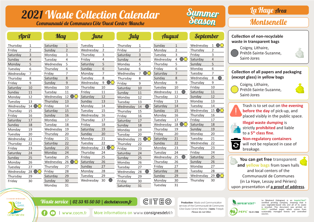 2021 Waste Collection Calendar Summer Communauté De Communes Côte Ouest Centre Manche Season Montsenelle