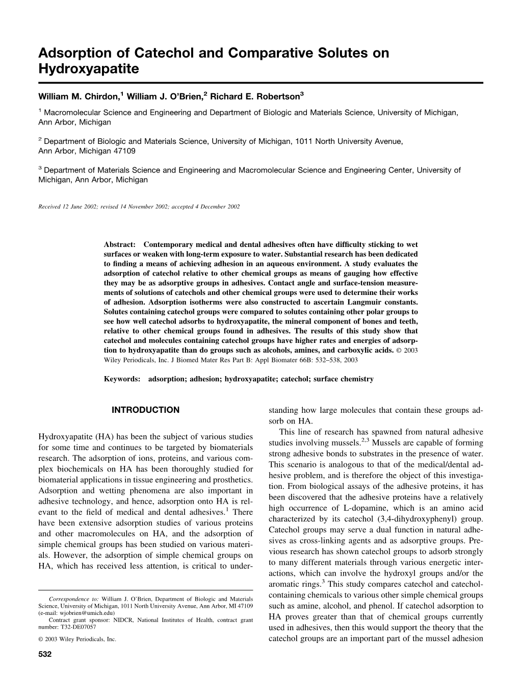 Adsorption of Catechol and Comparative Solutes on Hydroxyapatite