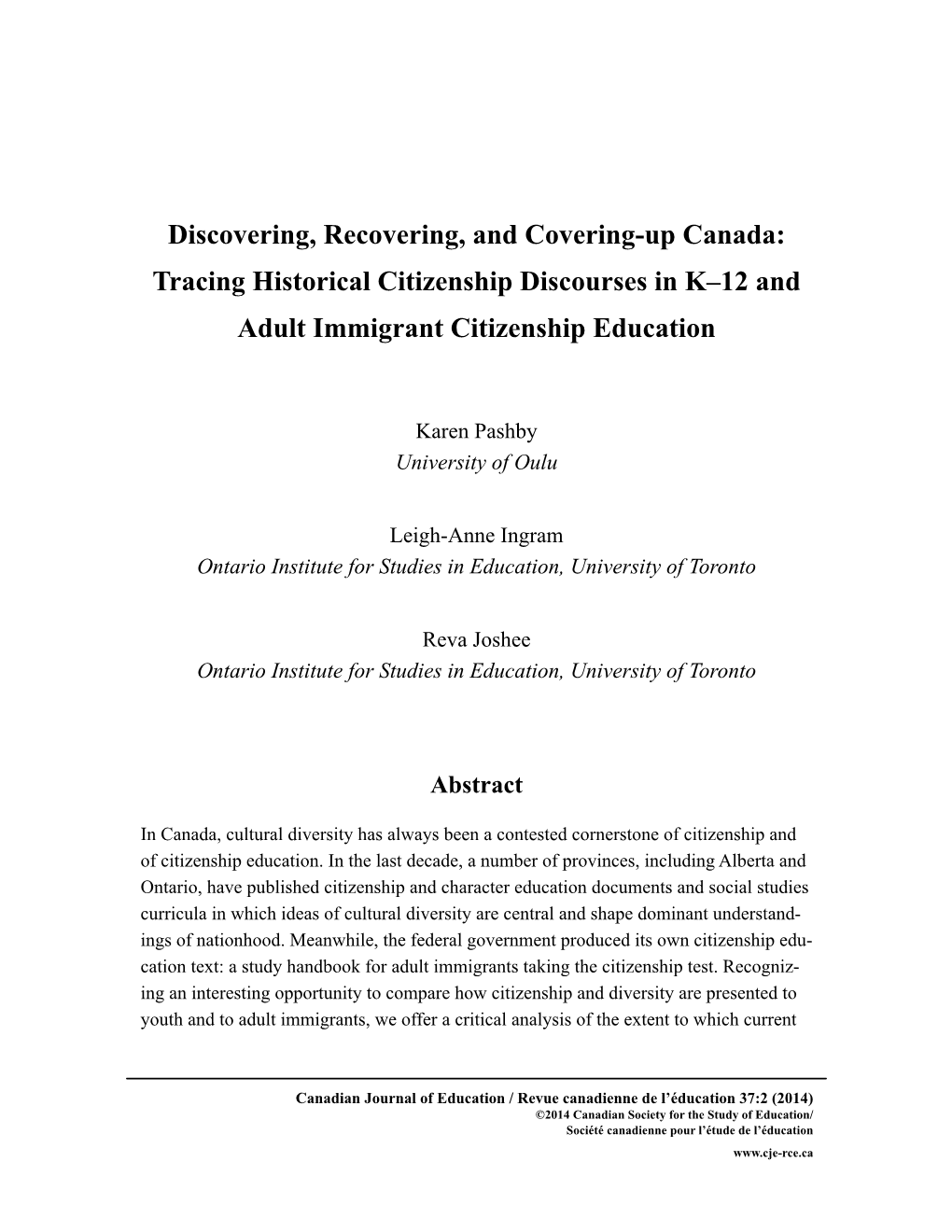 Discovering, Recovering, and Covering-Up Canada: Tracing Historical Citizenship Discourses in K–12 and Adult Immigrant Citizenship Education