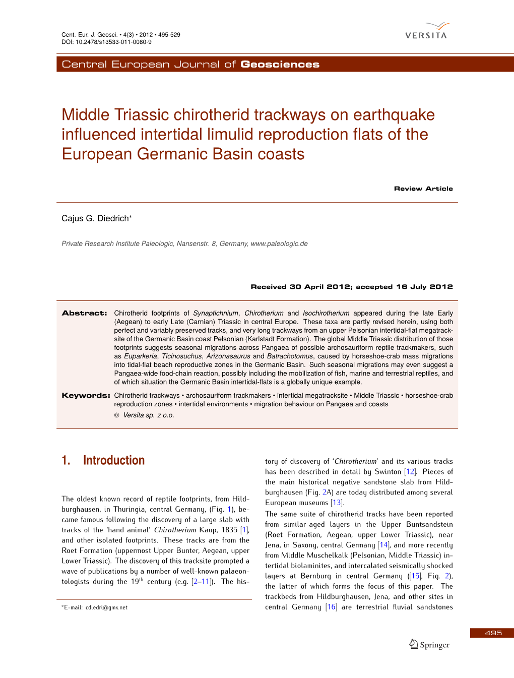 Middle Triassic Chirotherid Trackways on Earthquake Influenced Intertidal