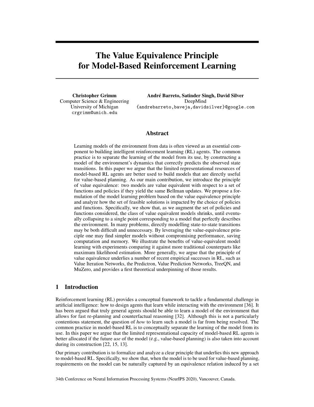 The Value Equivalence Principle for Model-Based Reinforcement Learning