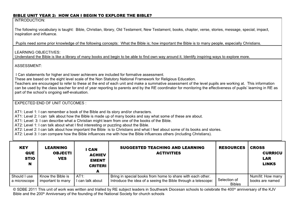 Bible Unit Year 2: How Can I Begin to Explore the Bible?