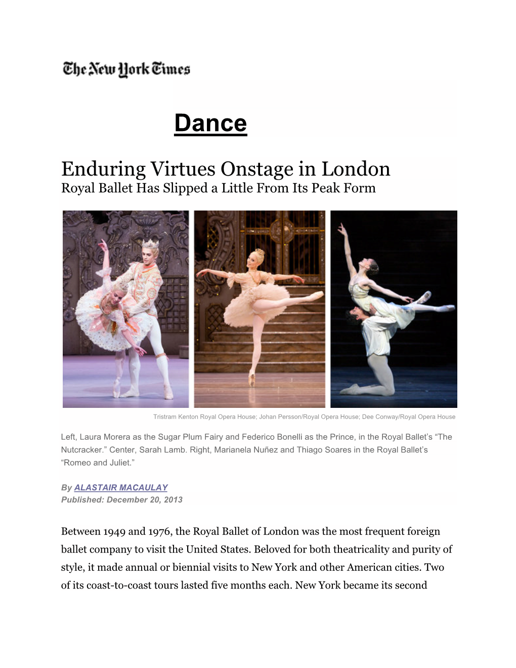 Enduring Virtues Onstage in London. Royal Ballet Has Slipped a Little From