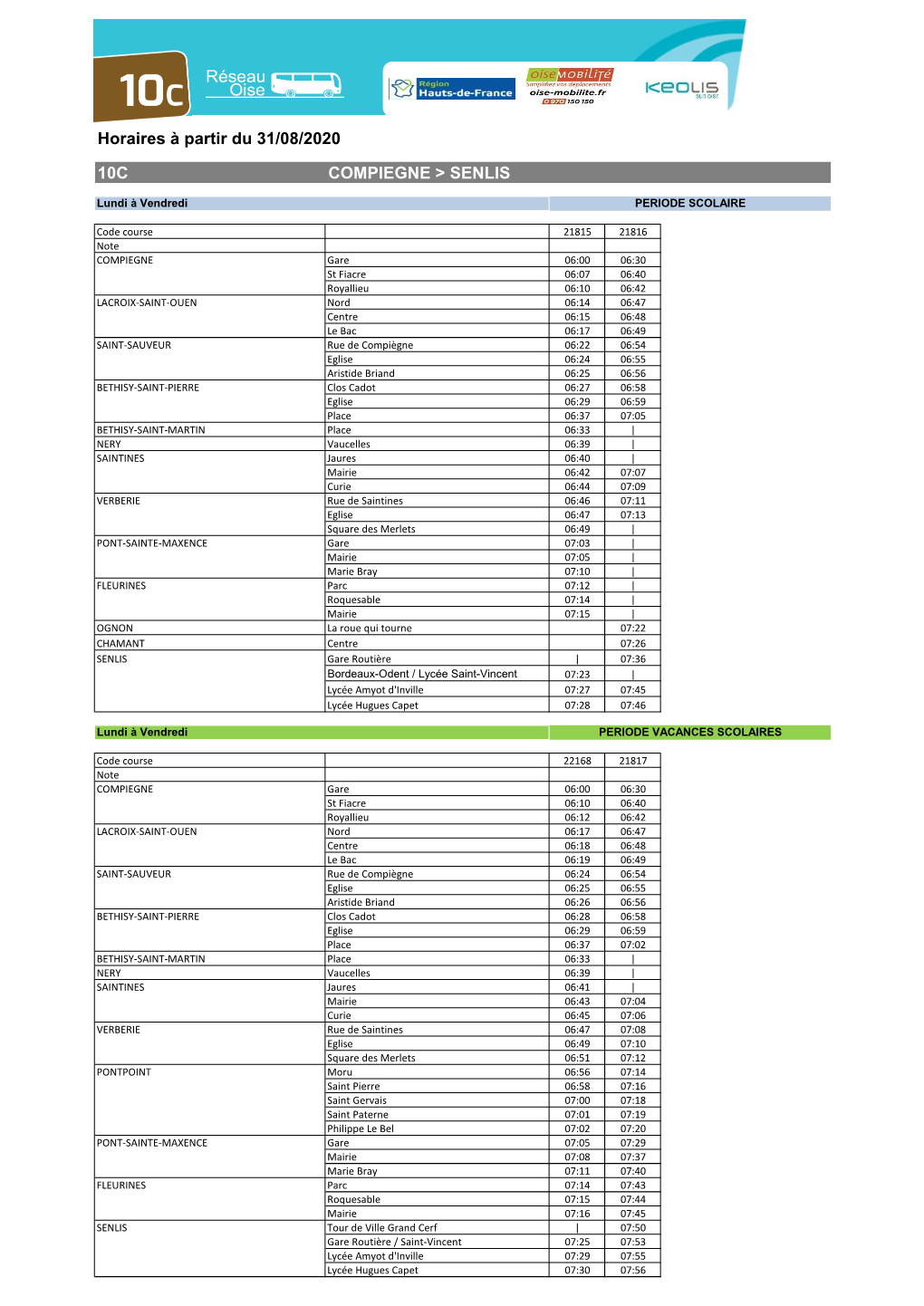 Horaires À Partir Du 31/08/2020 10C COMPIEGNE > SENLIS