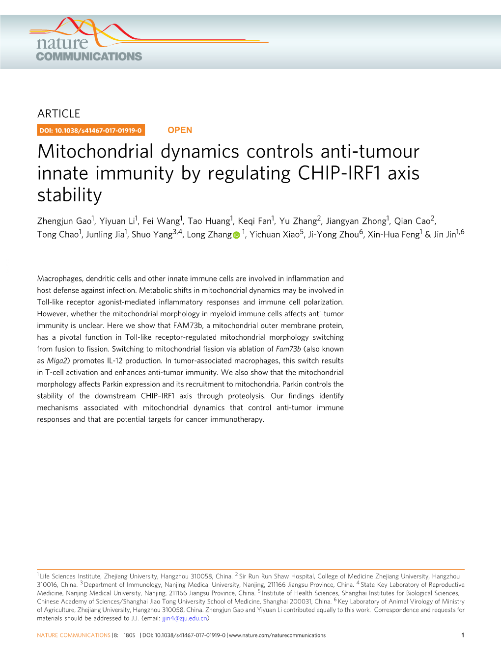 Mitochondrial Dynamics Controls Anti-Tumour Innate Immunity by Regulating CHIP-IRF1 Axis Stability