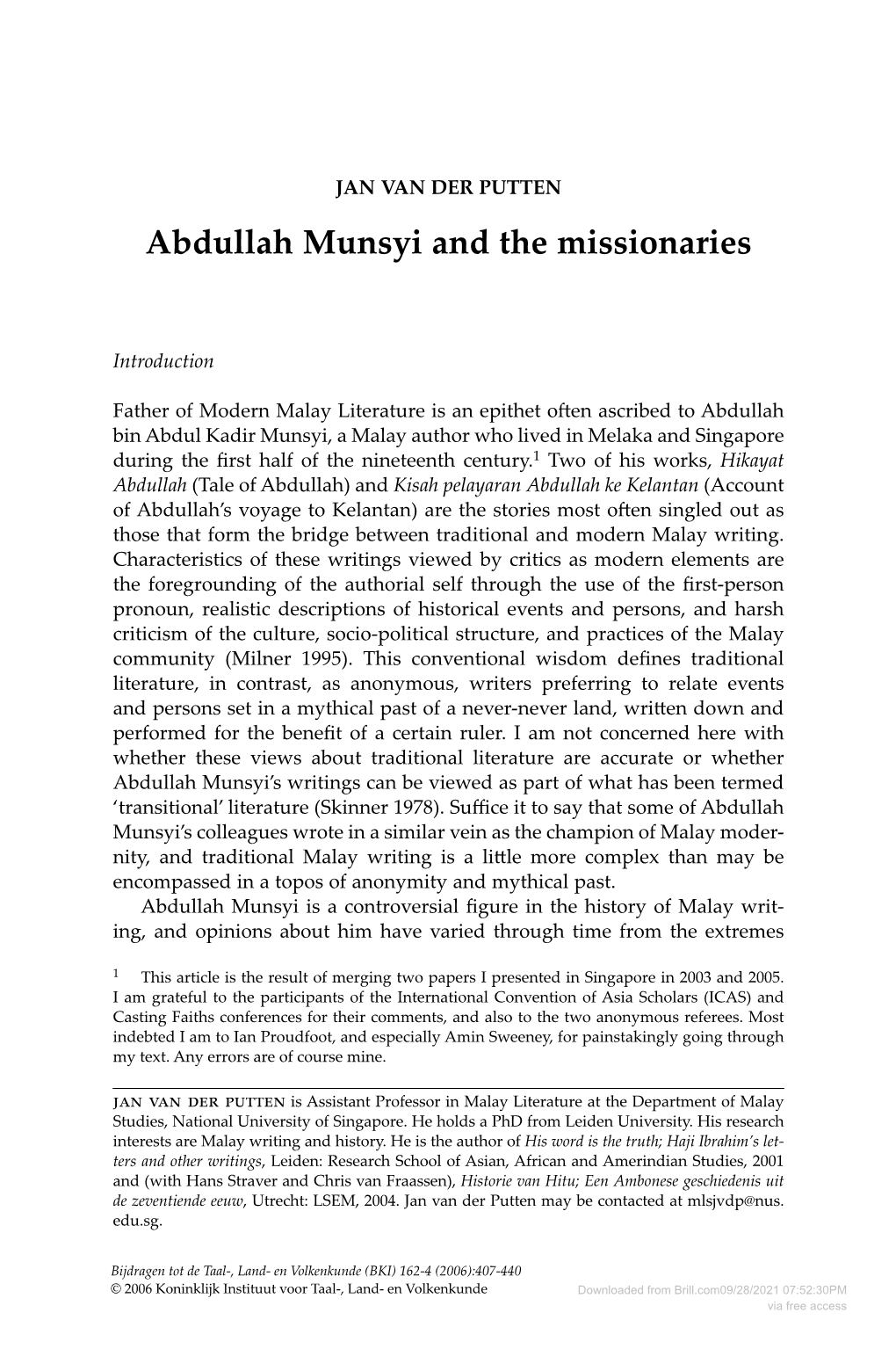 Abdullah Munsyi and the Missionaries