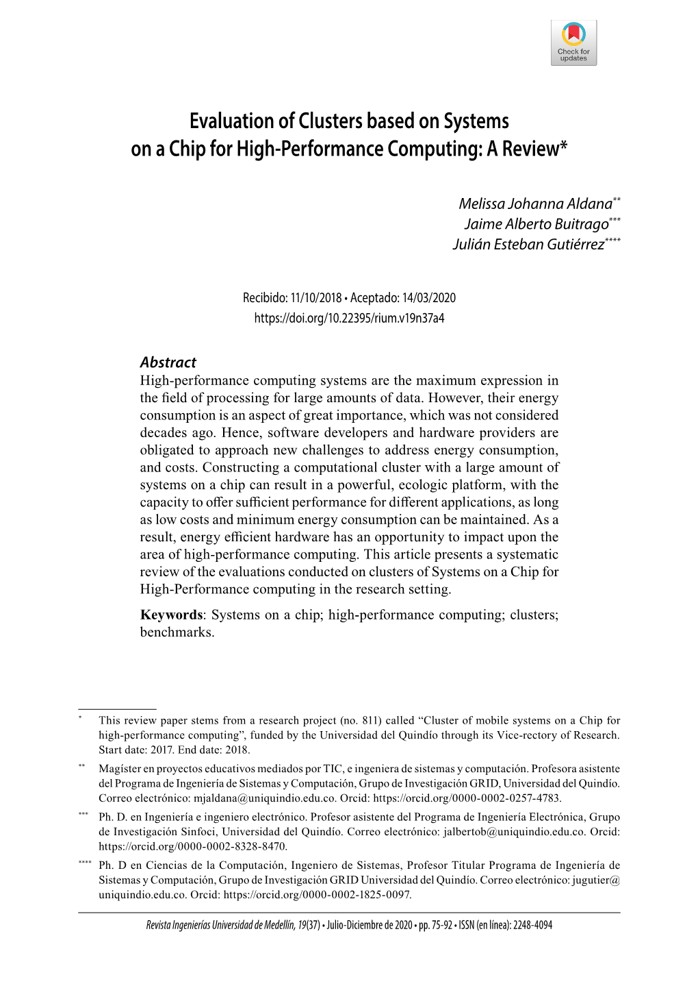 Evaluation of Clusters Based on Systems on a Chip for High-Performance Computing: a Review*