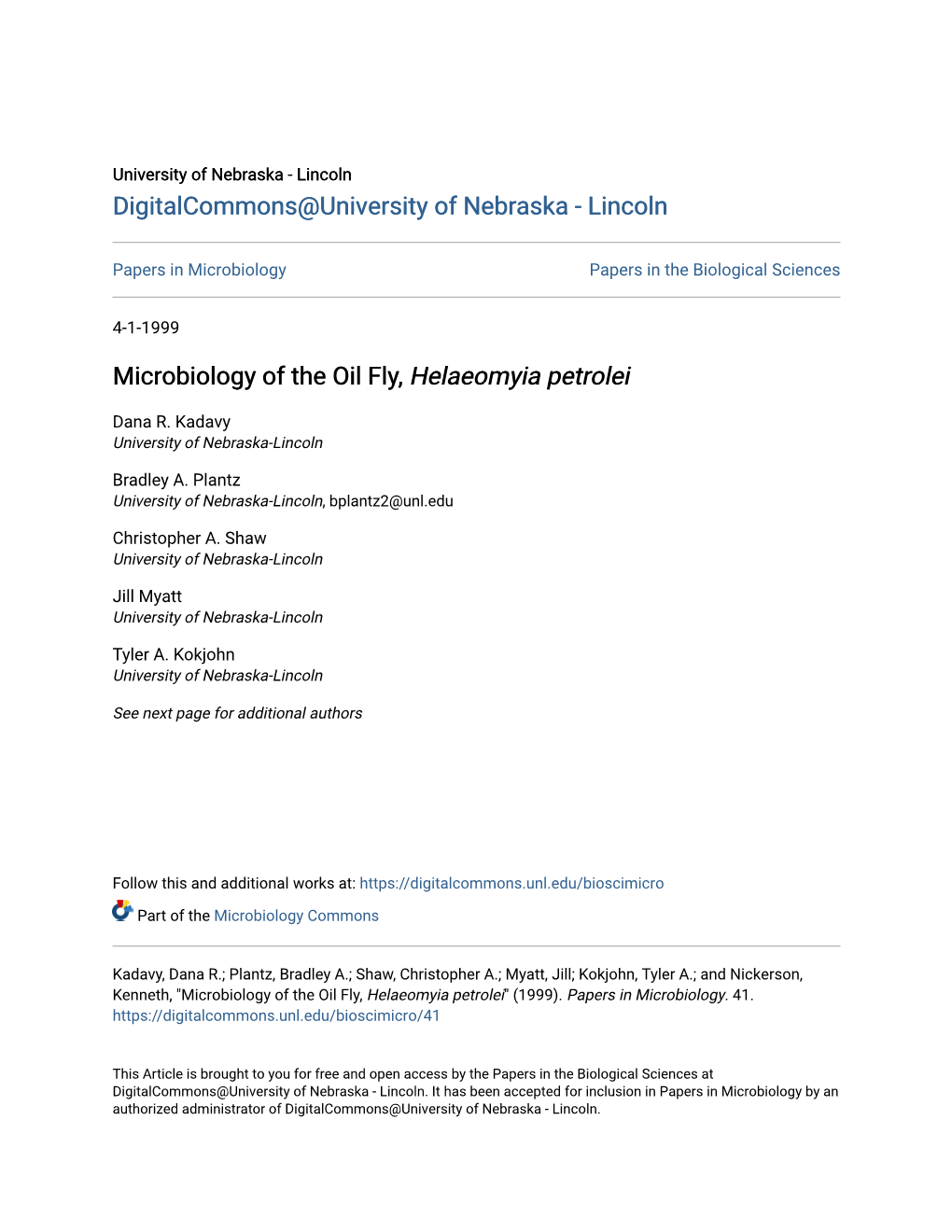 Microbiology of the Oil Fly, Helaeomyia Petrolei