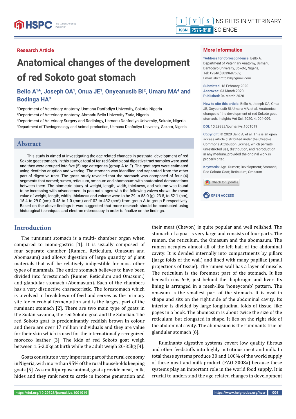 Anatomical Changes of the Development of Red Sokoto Goat Stomach