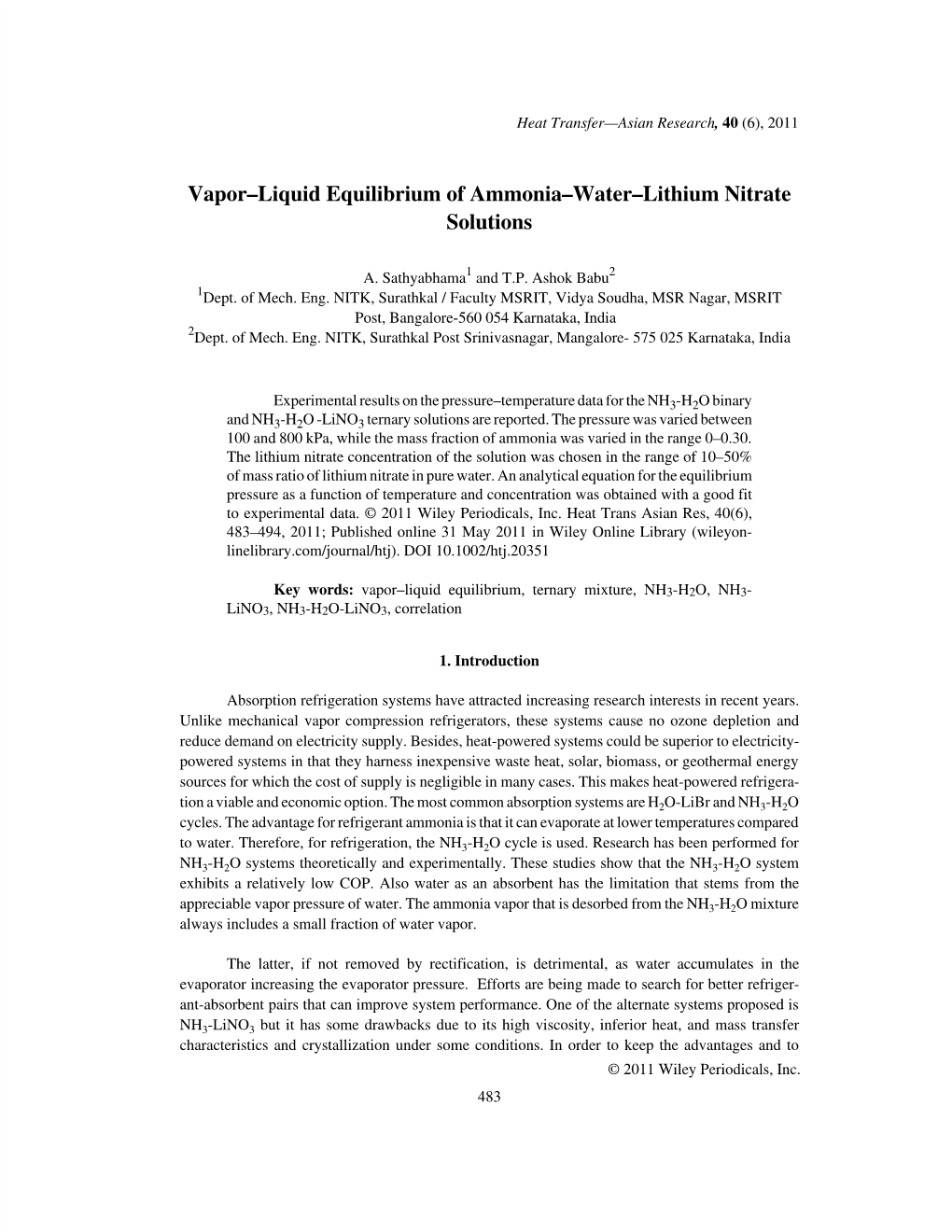 Vapor–Liquid Equilibrium of Ammonia–Water–Lithium Nitrate Solutions