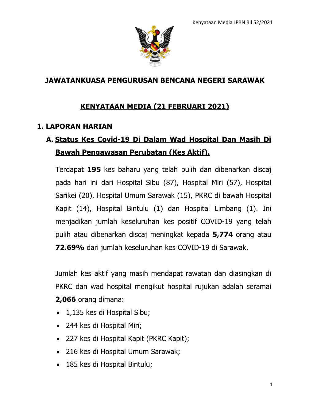 (21 FEBRUARI 2021) 1. LAPORAN HARIAN A. Status Kes Covid-19 Di