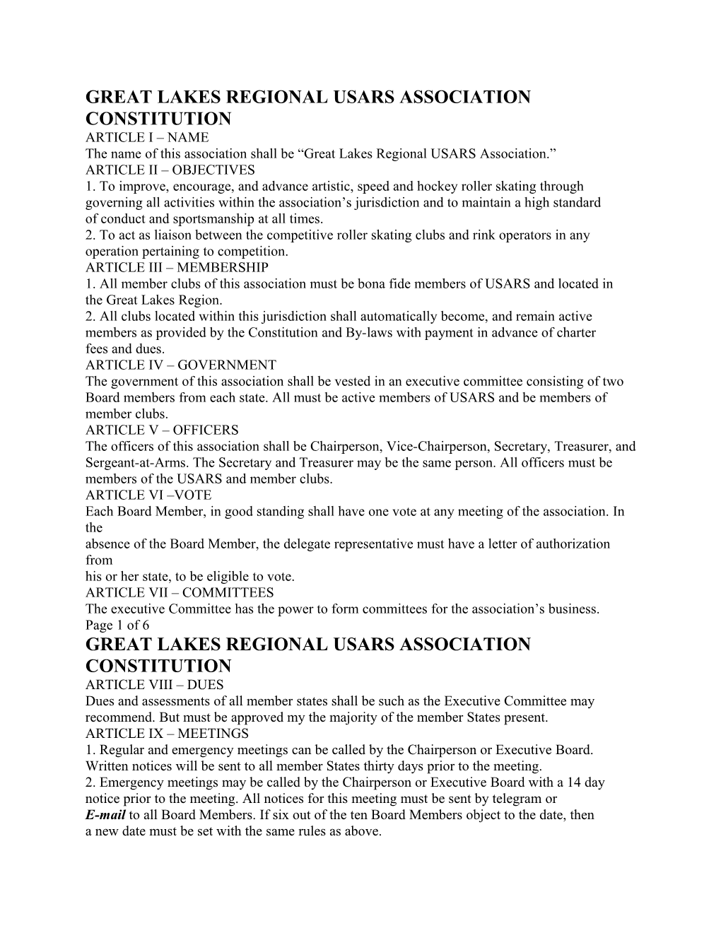 Great Lakes Regional Usars Association Constitution