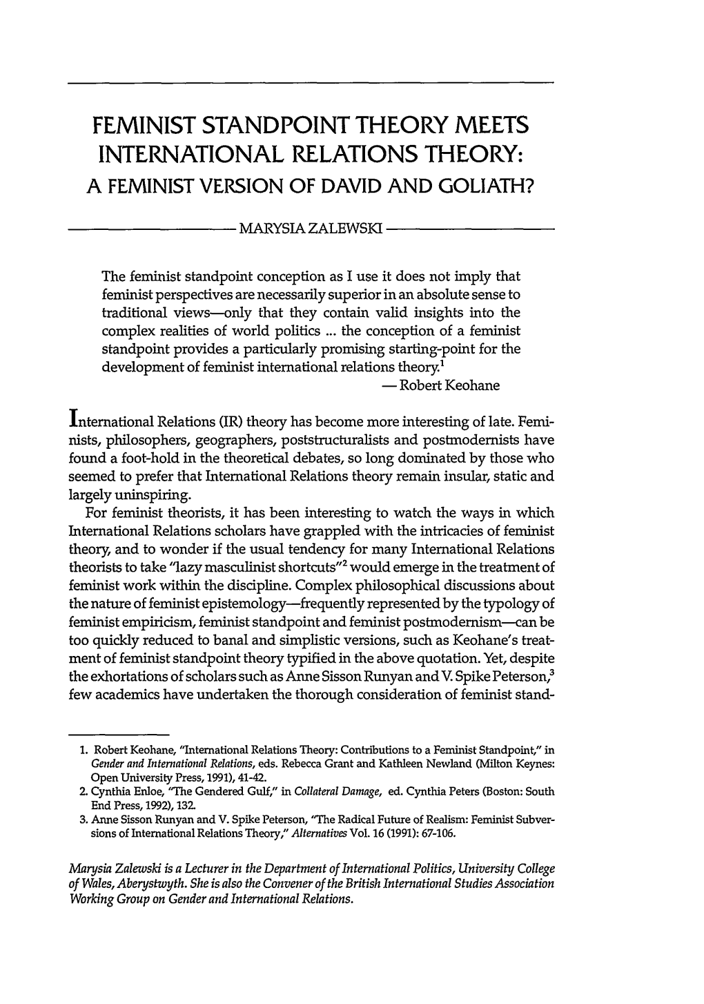 Feminist Standpoint Theory Meets International Relations Theory: a Feminist Version of David and Goliath?