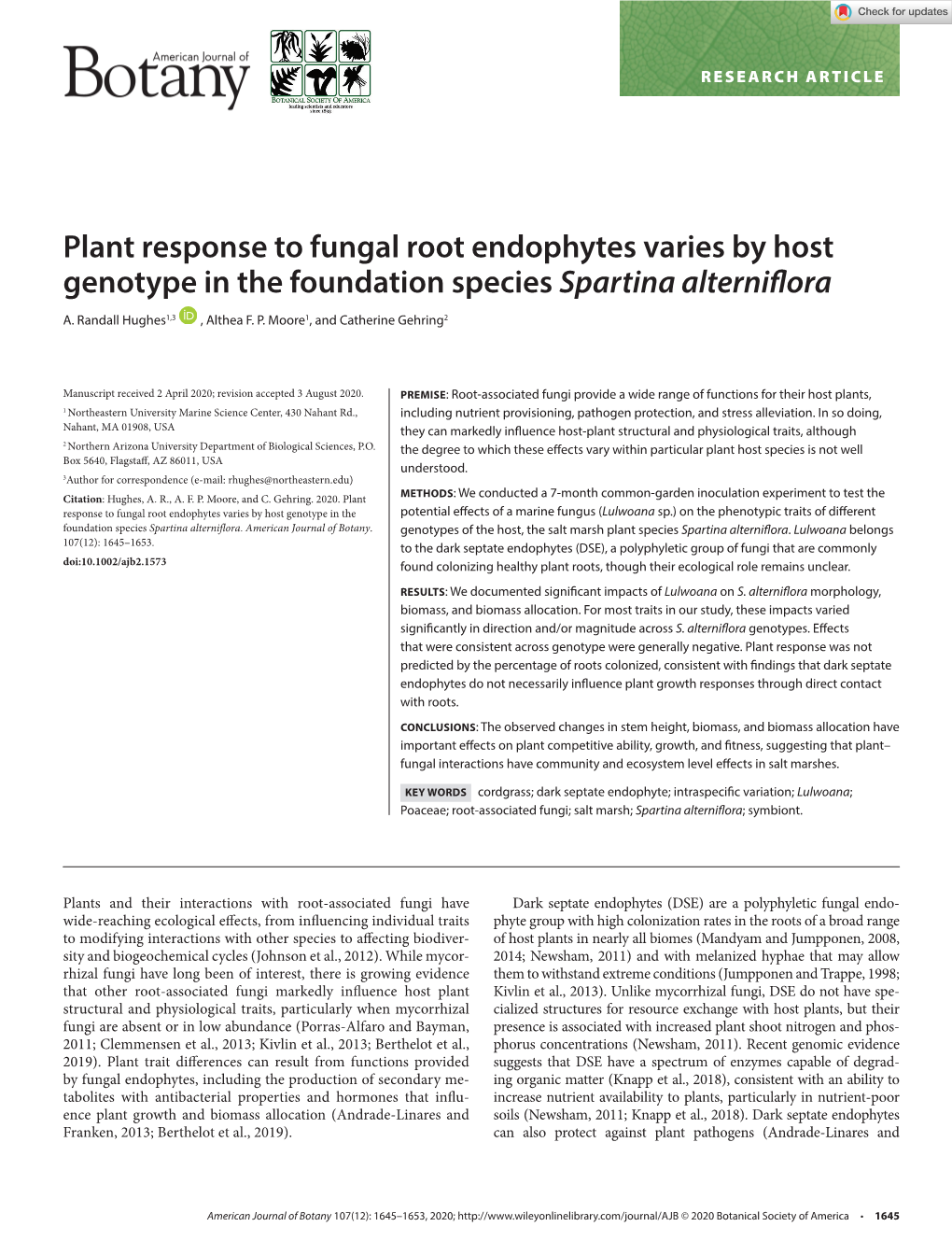 Plant Response to Fungal Root Endophytes Varies by Host Genotype in the Foundation Species Spartina Alterniflora
