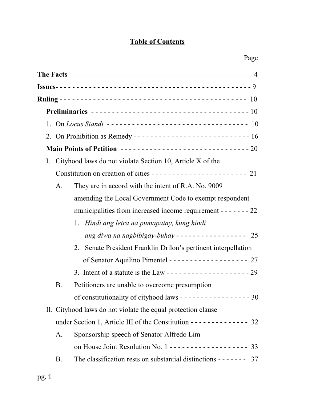 Pg. 1 Table of Contents Page the Facts