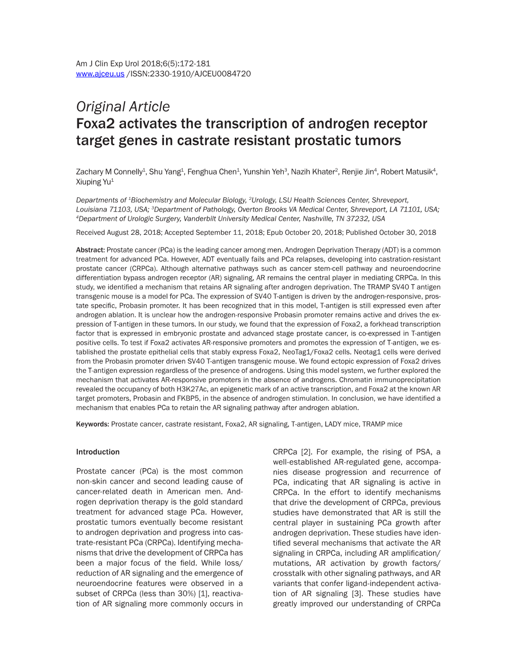 Original Article Foxa2 Activates the Transcription of Androgen Receptor Target Genes in Castrate Resistant Prostatic Tumors