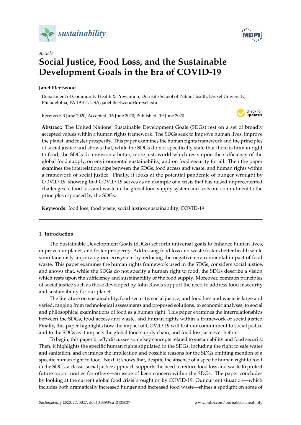 Social Justice, Food Loss, and the Sustainable Development Goals in the Era of COVID-19