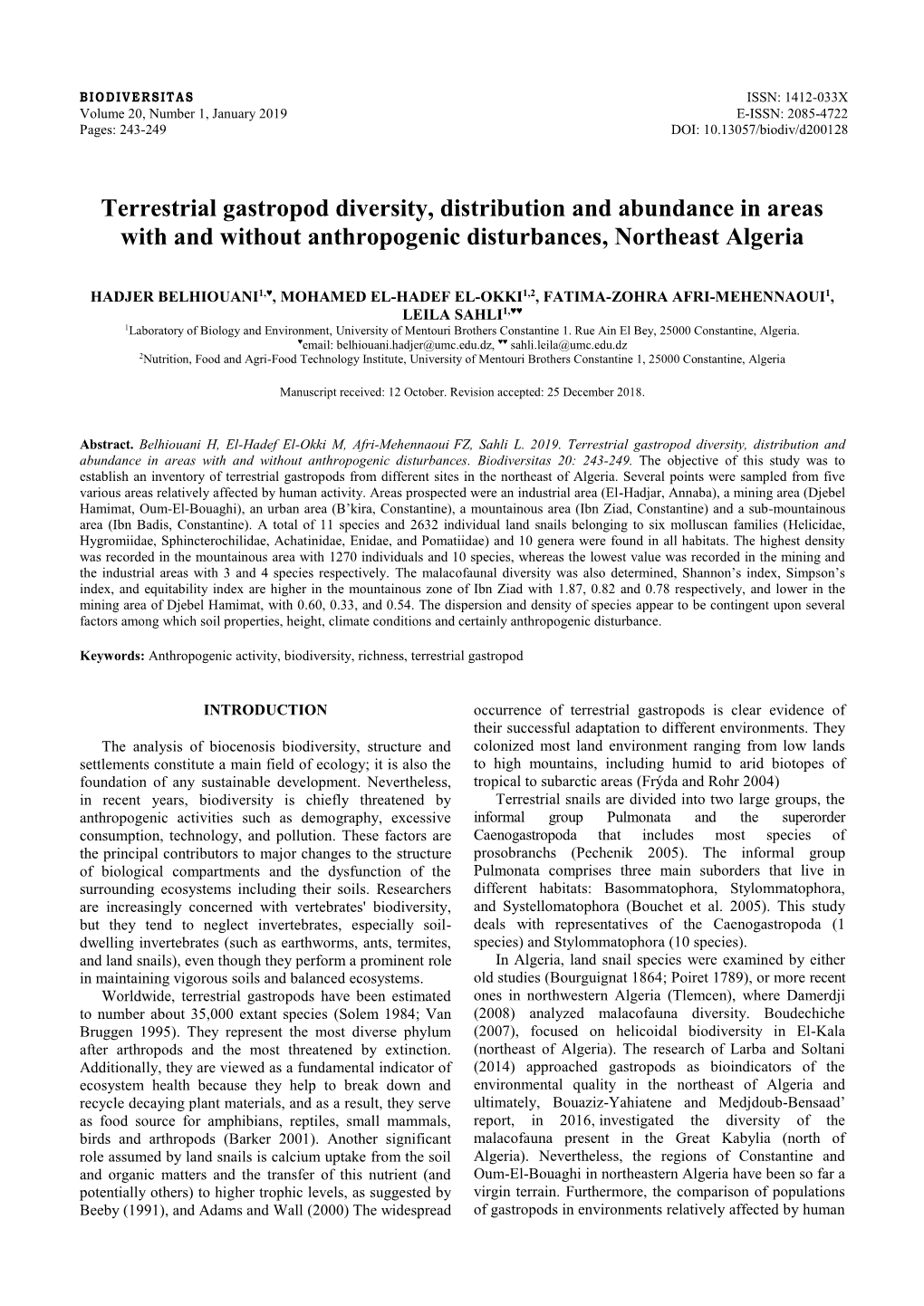 Terrestrial Gastropod Diversity, Distribution and Abundance in Areas with and Without Anthropogenic Disturbances, Northeast Algeria