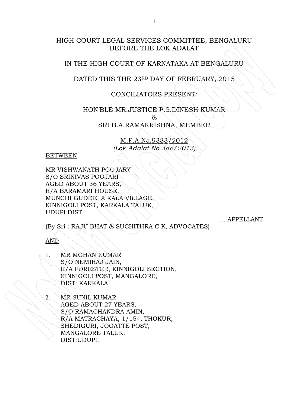 High Court Legal Services Committee, Bengaluru Before the Lok Adalat