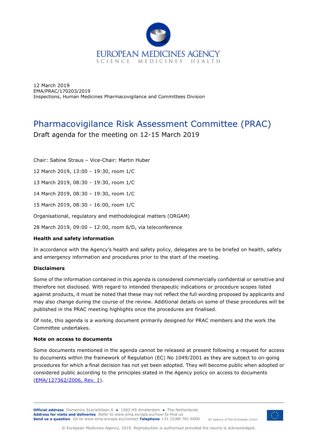 PRAC Draft Agenda of Meeting 12–15 March 2019