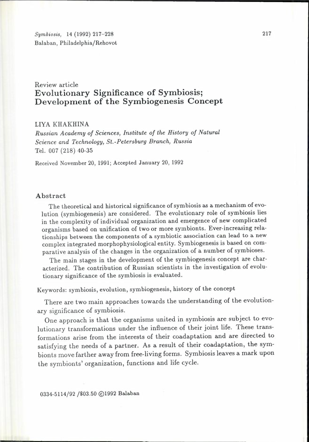 Evolutionary Significance of Symbiosis; Development of the Symbiogenesis Concept