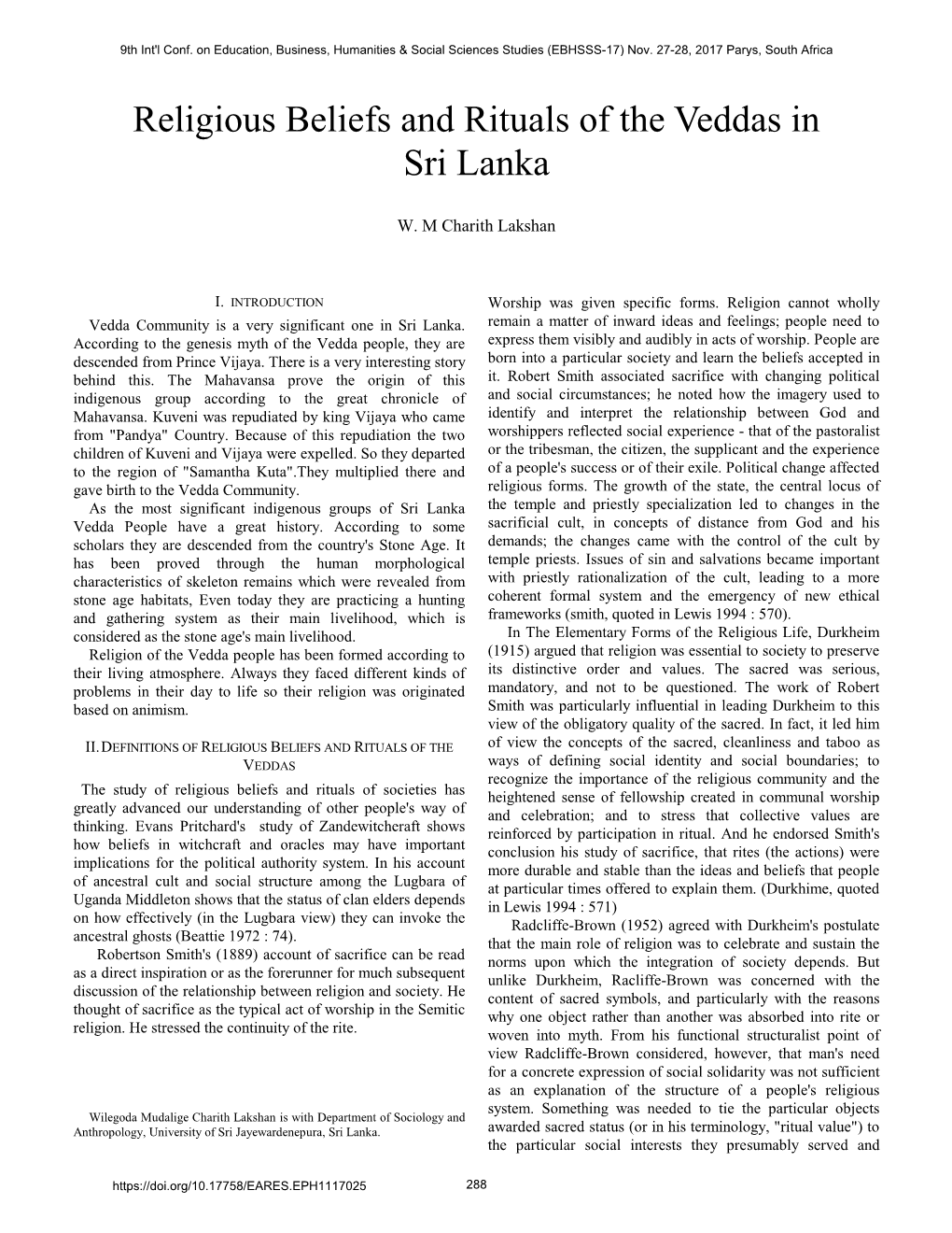 Religious Beliefs and Rituals of the Veddas in Sri Lanka